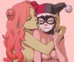2_girls 2girls batman_(series) big_breasts biting_lip breast_press breasts bust dc_comics domino_mask eyelashes female female_only green_skin harley_quinn hat ivyquinn jester_cap lips long_hair mask multiple_girls nude pink_background poison_ivy red_hair redhead ricken sideboob signature simple_background tears topless upper_body yuri