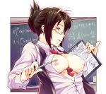  1girl asa_(xametaler) between_breasts breasts breasts_outside brown_hair chalkboard classroom clipboard female glasses large_breasts looking_at_viewer math mole necktie nipples no_bra open_clothes open_shirt original pinky_out pointer red_eyes shirt short_hair solo teacher 