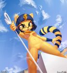 1girl 2020 5_fingers absurd_res animal_crossing ankha_(animal_crossing) anthro areola black_nose breasts cat cloud collaboration digital_media_(artwork) discordthege domestic_cat eyebrows felid feline felis fingers front_view fur furry furry_only genitals high_res holding_object looking_at_viewer lunebat macro mammal navel nintendo nipples nude open_mouth outside pussy pyramid tail video_games wide_stance