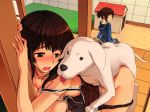  2girls against_wall backyard beastiality blush brown_hair casual clothed dog dog_house doghouse female hoodie jajala lingerie panties_down sweat underwear voyeurism 
