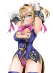  1041_(toshikazu) 1girl 1girl alluring armpits arms_up blonde_hair blue_eyes bow breasts cassandra_alexandra cleavage elbow_gloves gloves hair_bow panties purple_panties silf soul_calibur soulcalibur_iv standing underwear voluptuous 
