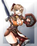  1041_(toshikazu) 1girl 1girl alluring alternate_costume blonde_hair blue_eyes bow breasts cassandra_alexandra cleavage hair_bow looking_at_viewer open_mouth shield silf soul_calibur soulcalibur_iii standing sword thighs voluptuous weapon 