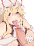  1girl bad_id bare_shoulders blonde_hair breasts censored elbow_gloves fellatio female gloves hat hetero highres hody0908 huge_breasts licking open_mouth oral penis pointless_censoring purple_eyes smegma solo_focus tongue touhou white_gloves yakumo_yukari 