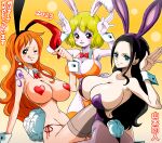 2023 2d 2d_(artwork) almost_naked big_breasts bunny_ears bunny_girl bunnysuit carrot_(one_piece) japanese_text long_hair nami nico_robin one_piece orange_hair partially_clothed shounen_jump slutty_outfit tattoo wide_hips wink yamamoto_doujin