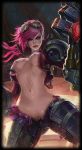  blue_eyes female gauntlets goggles league_of_legends leg_armor nose_piercing piercing red_hair short_hair shoulder_pads vi vi_(league_of_legends) 