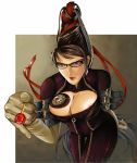  1girl areolae bayonetta bayonetta_(character) beauty_mark big_breasts black_hair bodysuit breasts candy chains cleavage cleavage_cutout earrings erect_nipples eroke female foreshortening glasses gloves hair_bun jewelry kosmosko large_breasts leaning_forward lips lollipop long_hair mole nipples pinky_out purple_eyes red_ribbon ribbon saliva solo very_long_hair 