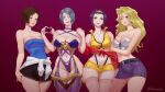  1girl 4girls absurd_res blonde_hair blue_eyes blush brown_hair capcom clothed clothing cowboy_bebop crossover faye_valentine female_only fukumenshi green_eyes grey_hair grin hand_holding heart_hands isabella_valentine jill_valentine jill_valentine_(julia_voth) legs_together long_hair looking_at_viewer mai_valentine pale-skinned_female purple_eyes purple_hair resident_evil resident_evil_3 short_hair smiling_at_viewer soul_calibur take_your_pick teeth_showing thick_thighs yu-gi-oh! 