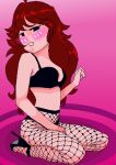  1girl blush blush_lines blushing_at_viewer brown_hair fishnets friday_night_funkin girlfriend_(friday_night_funkin) looking_at_viewer pregnant_pissg simple_background simple_eyes simple_shading solo_female solo_focus 