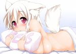  1girl animal_ears areolae ass bare_shoulders barefoot bed bed_sheet blanket blush breasts female inubashiri_momiji large_breasts lying naked_sheet nipples nude on_stomach open_mouth pillow pillow_hug pink_eyes red_eyes short_hair silver_hair solo tail tera_zip touhou white_hair wolf_ears wolf_tail yes-no_pillow 