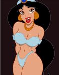 1girl aladdin_(series) alluring arab black_hair breasts brunette cleavage clothed crop_top disney earrings green_eyes hips jewelry kilowatts62 legs lipstick long_black_hair long_hair looking_at_viewer mostly_nude navel necklace open_mouth phillipthe2 princess_jasmine revealing_clothes sexy slut smile standing stomach thick_thighs thong