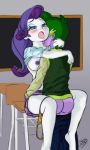  1boy 1girl blush breast friendship_is_magic humanized implied_sex male/female my_little_pony no_bra panties panties_around_leg partially_clothed rarity rarity_(mlp) skirt spike_(mlp) yellow_panties 