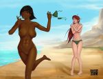  1girl 2_girls 5_fingers 5_toes abs bald_pussy barefoot beach black_hair blush breasts ceria completely_nude dark-skinned_female dark_skin elf embarrassed fleeing headband kagato007 long_hair multiple_girls no_shoes nude pointy_ears red_eyes red_hair running short_hair smile stealing_clothes topless undressing 