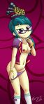  1girl bespectacled blue_eyes bracelets breasts equestria_girls female female_only friendship_is_magic glasses hairless_pussy horsecat juniper_montage looking_at_viewer mostly_nude my_little_pony no_bra panties panties_down panties_pull socks solo standing 