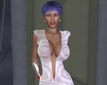  1girl animated arms_behind_back big_breasts blue_eyes blue_hair bouncing_breasts breasts cleavage dress earrings huge_breasts looking_at_viewer open_mouth short_hair six_(tripping_the_rift) tattoo tripping_the_rift webm 
