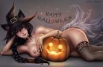  ahri animal_ears areola artist_name ass bare_shoulders bell black_hair braid breasts clitoral_hood collar eollynart facial_mark freckles halloween halloween_costume happy_halloween hat hips league_of_legends leggings legs lips long_hair makeup nail_polish nipples nude one-piece_swimsuit pussy stockings stockings swimsuit tail tied_hair uncensored vagina_peek witch_hat 