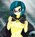  1girl bespectacled blue_eyes blue_hair breasts cape cloak equestria_girls female female_only friendship_is_magic glasses humanized juniper_montage looking_at_viewer mostly_nude my_little_pony nipples no_bra solo two-tone_hair two_tone_hair 