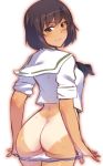  ass blush brown_hair em eyebrows_visible_through_hair from_behind girls_und_panzer green_eyes hoshino_(girls_und_panzer) looking_back panties panty_pull posterior_cleavage sailor_collar school_uniform simple_background smile tan_line tanned underwear undressing white_background 