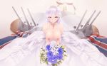 16:10_aspect_ratio 1girl areola azur_lane bangs belfast_(azur_lane) big_breasts blue_eyes blurry blurry_background blush bouquet braid breasts breasts_out_of_clothes bridal_veil bride cait cannon clavicle cleavage collar dress earrings eyebrows_visible_through_hair flower french_braid gloves gold gold_trim high_resolution holding holding_bouquet holding_object jewelry large_filesize long_hair looking_at_viewer machinery maid_headdress nipples rigging shiny shiny_skin sidelocks silver_collar silver_hair sitting smile strapless strapless_dress tiara tied_hair union_jack veil very_high_resolution wedding_dress white_dress