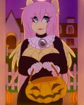 1girl 1girl 2018 anthro breasts cleavage clothed clothing equine fangs feathered_wings feathers fluttershy_(mlp) friendship_is_magic furry gif hair halloween holding_object holidays long_hair looking_at_viewer mammal my_little_pony pegasus tolsticot wings 