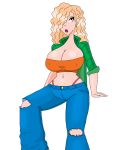  1girl aged_up big_breasts blonde_hair breasts cleavage curly_hair debbie_thornberry hair_over_one_eye jeans lipstick nipple_bulge open_shirt sitting smilesaidboredgirl the_wild_thornberrys thong tubetop 