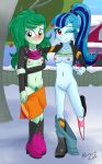  2girls blush boots breasts equestria_girls friendship_is_magic horsecat my_little_pony no_bra one_eye_closed panties panties_around_leg pants pants_down partially_clothed pussy skirt skirt_down sonata_dusk standing wallflower_blush winter 