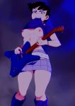  1girl 1girl 1girl blue_eyes blue_footwear blush breasts brown_hair electric_guitar erect_nipples eyelashes eyeshadow fang female_only female_solo flashing freckles guitar high_resolution instrument jcm2 luna_loud makeup medium_breasts mouth_hold night nipples no_bra purple_skirt shirt shirt_lift short_hair skirt small_breasts smile the_loud_house torn_clothes torn_shirt 