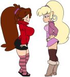  2girls big_breasts bigdad blonde_hair boots breasts brown_hair earrings eyeshadow gravity_falls hands_on_hips happy large_breasts leggings long_hair looking_at_another mabel_pines pacifica_northwest ponytail size_difference skirt sweater zettai_ryouiki 