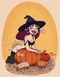  blush bottomless bra breasts cleavage closed_eyes funny halloween hat humping pumpkin red_hair stockings sweat witch witch_hat 