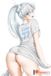  1girl 1girl 1girl alfred_cullado ass asymmetrical_hair blue_eyes blush bottomless casual embarrassed from_behind high_resolution long_hair looking_at_viewer looking_back nopan open_mouth ponytail rwby scar scar_across_eye shiny shiny_hair shiny_skin shirt shirt_tug short_sleeves side_ponytail simple_background smile standing t-shirt text_on_clothes tied_hair weiss_schnee white_background white_shirt 