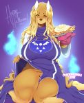 1girl 2018 anthro big_breasts breasts canine cherrikissu clothed clothing clothing_lift cosplay delta_rune_(emblem) digital_media_(artwork) dog dogmom_(cherrikissu) english_text food high_res holding_food holding_object looking_at_viewer mabel_(cherrikissu) mammal mature_female original oven_mitt pie pussy saluki signature smile text thick_thighs toriel undertale video_games
