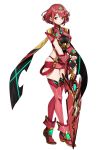 1girl armor bangs big_breasts breasts earrings fingerless_gloves full_body gloves hair_ornament holding_sword holding_weapon large_breasts legs official_art pyra red_eyes red_hair red_legwear revealing_clothes saitou_masatsugu short_shorts shorts skindentation standing sword thigh_high_boots thighs xenoblade xenoblade_(series) xenoblade_chronicles_2 zettai_ryouiki