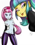 2girls blue_eyes breasts equestria_girls female female_only friendship_is_magic green_eyes long_hair looking_at_viewer my_little_pony no_bra older older_female pants partially_clothed pixel_pizzaz pixel_pizzaz_(mlp) ponut_joe standing tongue tongue_out topless violet_blurr_(mlp) white_background young_adult young_adult_female young_adult_woman