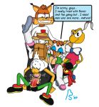 anal big_breasts blargsnarf bubsy_(character) crossover dialogue disney donald_duck double_handjob dynamite_headdy dynamite_headdy_(character) playstation rouge_the_bat sega sonic_team text torn_clothes vaginal zool zool_(character)