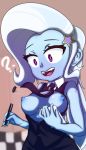  1girl ? breasts button_pop clothed equestria_girls exposed_breasts female female_only friendship_is_magic humanized my_little_pony pen question_mark solo standing trixie wardrobe_malfunction 