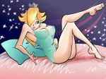  alluring barefoot blonde_hair bottomless breasts feet felipe_choque hair hair_over_eye large_breasts legs legs_crossed lingerie naked_from_the_waist_down nintendo nipples no_panties nude princess_rosalina rosalina see-through sole super_mario super_mario_bros. thighs toes 