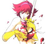 1girl bad_id big_breasts blush breasts cutie_honey cutie_honey_(character) gloves hairband headband honey_kisaragi kisaragi_honey konkitto large_breasts magical_girl nipples open_mouth pink_eyes pink_hair shirt shocked short_hair solo sword torn_clothes torn_shirt touei weapon
