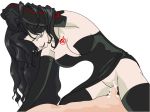1boy 1girl arm_up armpits bare_shoulders black_dress black_gloves black_hair black_legwear black_thighhighs breasts cleavage clothed_sex cowgirl_position cum cum_in_pussy cum_inside dress dress_lift elbow_gloves fullmetal_alchemist girl_on_top gloves hair_over_one_eye homunculus lipstick long_hair looking_at_viewer lust_(fullmetal_alchemist) makeup no_bra no_panties ouroboros pale_skin purple_eyes sex shaved_pussy simple_background sleeveless sleeveless_dress slit_pupils solo_focus straddle straddling strapless_dress tattoo uncensored vaginal wavy_hair white_background