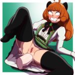  1girl anal anal_penetration anal_sex black_stockings blush clenched_teeth clothed disembodied_penis dress dress_lift female green_eyes hairless_pussy long_hair lying male/female mostly_clothed no_panties no_panties_under_dress orange_hair penis_in_ass penny_polendina pussy rwby sex spread_legs stockings upskirt 