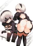  1girl 2b accessory ass bent_over big_ass big_breasts black_legwear black_thighhighs blindfold breasts cleavage cleavage_cutout clitoris clothed clothing hair_accessory hair_ornament hairband kimoshi legwear light-skinned_female light_skin nier nier:_automata nier_(series) no_panties pussy rear_view shiny shiny_skin short_hair standing stockings thick_thighs thighs viewed_from_behind white_hair yorha_2b yorha_no._2_type_b 