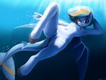  1girl 5_fingers absurd_res alternate_version_available anthro breasts bubble equine fan_character grin hasbro high_res hooves hybrid my_little_pony navel nipples nude ocean one_eye_closed pussy scalie sea shark skinny_dipping swimming the-minuscule-task underwater water wings wink 