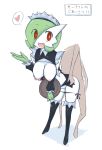  1girl anthro anthrofied big_breasts black_legwear black_panties breasts clothed_pokemon clothed_sex detached_sleeves from_behind gardevoir green_hair hair_over_one_eye heart highres ikanomaru large_breasts maid_headdress maid_uniform open_mouth panties panty_pull pokemon red_eyes sex side-tie_panties solo solo_focus spoken_heart thighhighs translated tray underwear waitress 