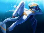 1girl 5_fingers absurd_res alternate_version_available anthro bikini bubble equine fan_character grin hasbro high_res hooves hybrid my_little_pony navel ocean one_eye_closed scalie sea shark swimming swimsuit the-minuscule-task underwater water wings wink yellow_bikini yellow_swimsuit 