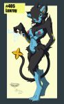  2012 breasts claws collaboration digitigrade electricity feline female luxray mingchee navel nipples notorious84 nude pinup plain_background pokemon pokemorph pussy red_sclera smile solo standing the_pokedex_project yellow_eyes 