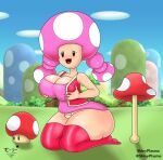 1girl 2023 alternate_version_available ass big_breasts blush breasts clothed female_only happy huge_ass mario_(series) mushroom nintendo open_mouth pink_socks remake rubbing_breasts super_mario_bros. superstarplasma toadette white_panties