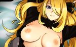  1_girl 1girl arms_up art babe bed big_breasts blonde blonde_hair blue_eyes breasts breasts_out breasts_outside choker coat cynthia female from_above hair_ornament hair_over_one_eye large_breasts long_hair looking_at_viewer lying michael nintendo nipples on_back open_clothes pokemon pokemon_(anime) pokemon_(game) pokemon_dppt shirona_(pokemon) smile solo 