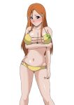  1girl 1girl 1girl absurd_res alluring big_breasts bikini black_eyes bleach blush breast_hold breasts cleavage closed_mouth embarrassed feet_out_of_frame female_focus groin hand_on_own_arm high_res inoue_orihime kurosaki_orihime legs legs_apart long_hair looking_at_viewer monyamonya78 navel orange_hair simple_background standing swimsuit thighs white_background 