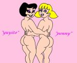 2_girls ass back black_hair blonde_hair blue_eyes butt condorito condorito_(series) crossover feet_out_of_frame female_only grin hand_on_back inspector_gadget loenror looking_back multiple_girls nude nude_female penny_gadget pink_background short_hair smile smooth_skin straight_hair yuyito