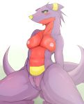  big_thighs blush breasts cleavage dragon female garchomp geiru_mirua long_tail looking_at_viewer navel nude plain_background pokemon pokemorph presenting purple pussy solo white_background yellow_eyes 