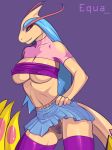  azelyn big_breasts blue_pussy breasts fishnet hand_on_hip milotic pokemon pokã©mon purple_background pussy red_eyes skirt stockings tail thigh_highs 
