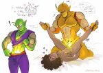  ! 1girl 2022 2boys afro ankle_grab areola bed black_eyes blush breasts clothes clothing dark-skinned_female dark_skin dragon_ball dragon_ball_super dragon_ball_super_super_hero dragon_ball_z english_text grabbing_ankles green_skin hand_on_thigh heart interspecies janet_(dragon_ball) looking_down looking_pleasured loulouscribbles male missionary motion_lines muscular_male namekian nipples open_mouth orange_piccolo orange_skin piccolo pointy_ears pulling_pants pussy red_eyes shenron shirt_lift shounen_jump smile steam steamy surprised thought_bubble vaginal_penetration watermark white_background 